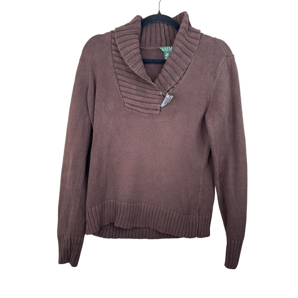 Lauren Ralph Lauren Petite Brown V-Neck Knit Sweater P Cotton Cozy Stylish